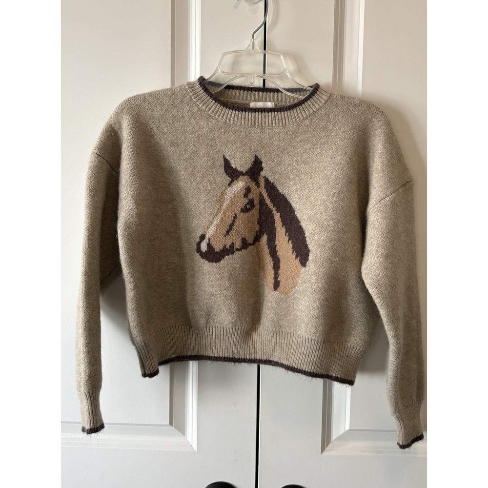 Luna Ivy Women's XS Horse Graphic Knit Cropped Sweater Oatmeal Brown Western